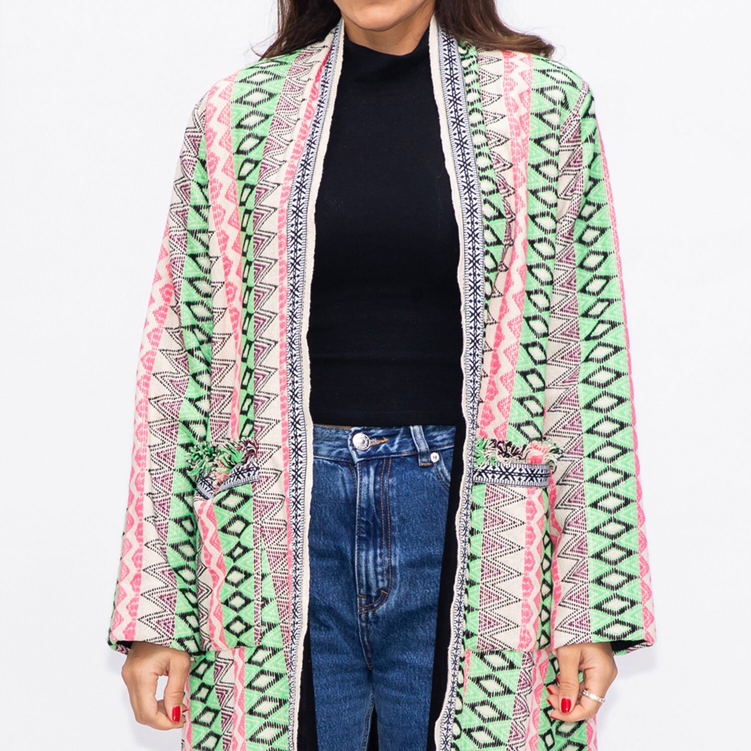 Winter Fringe Coat Geometric Stripes with Pockets - Green/Pink - Image 2