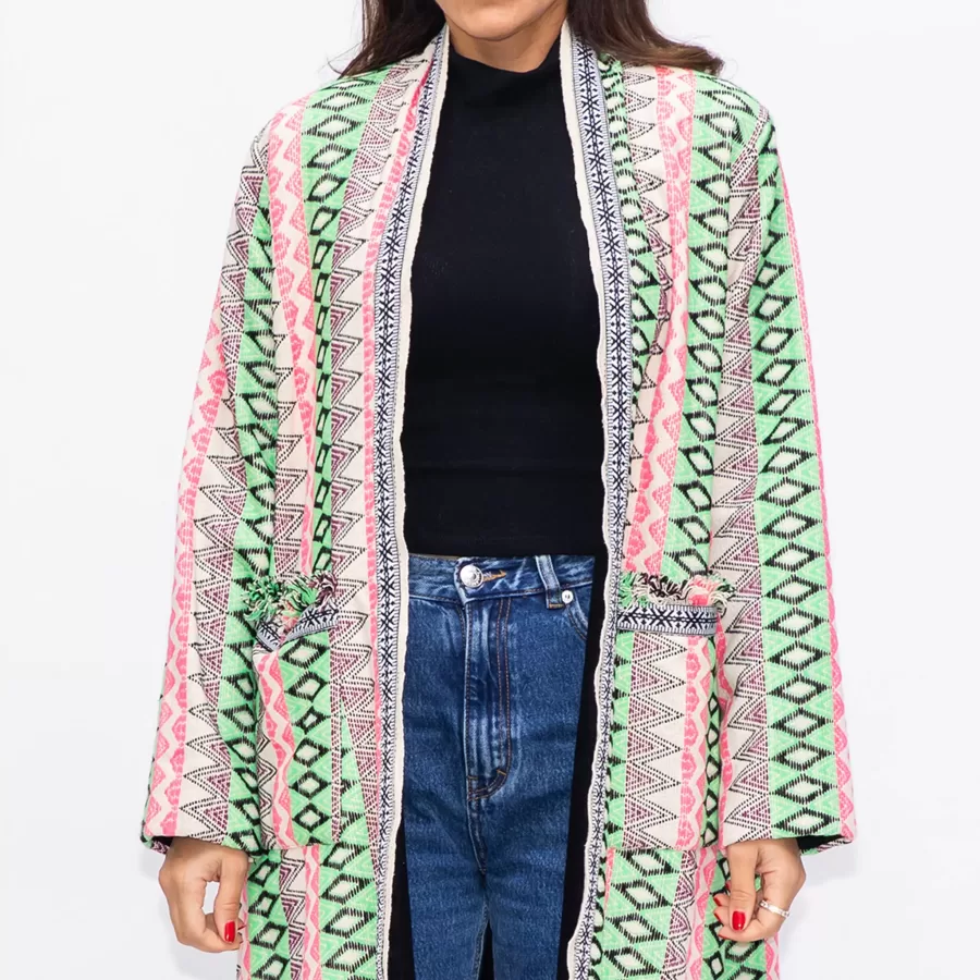 Winter Fringe Coat Geometric Stripes with Pockets - Green/Pink - Image 2