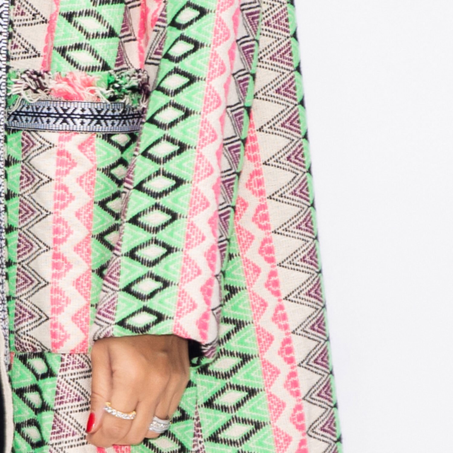 Winter Fringe Coat Geometric Stripes with Pockets - Green/Pink - Image 5