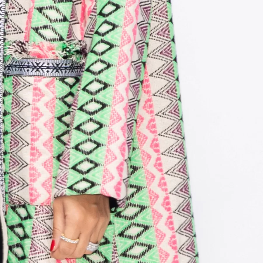 Winter Fringe Coat Geometric Stripes with Pockets - Green/Pink - Image 5