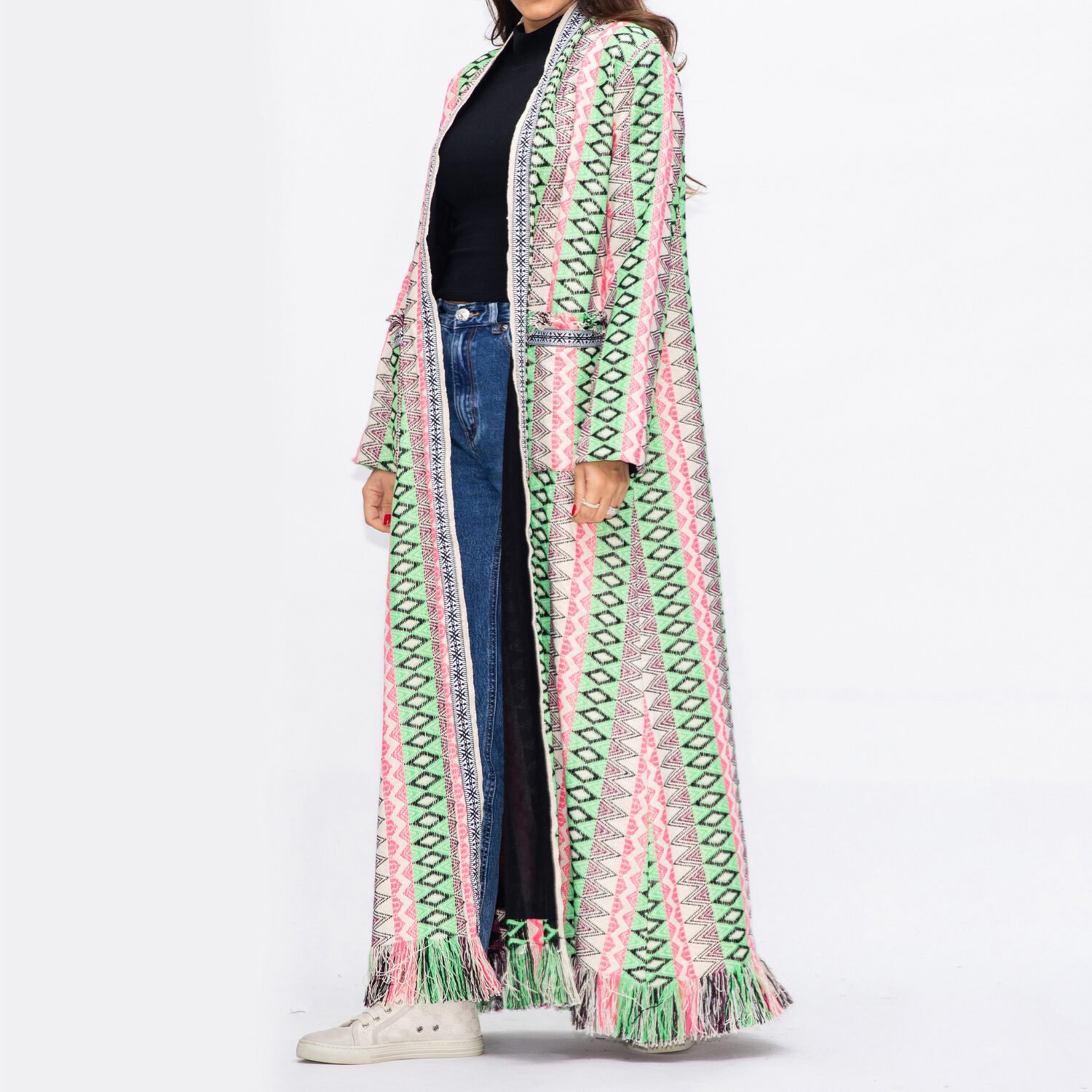 Winter Fringe Coat Geometric Stripes with Pockets - Green/Pink - Image 3