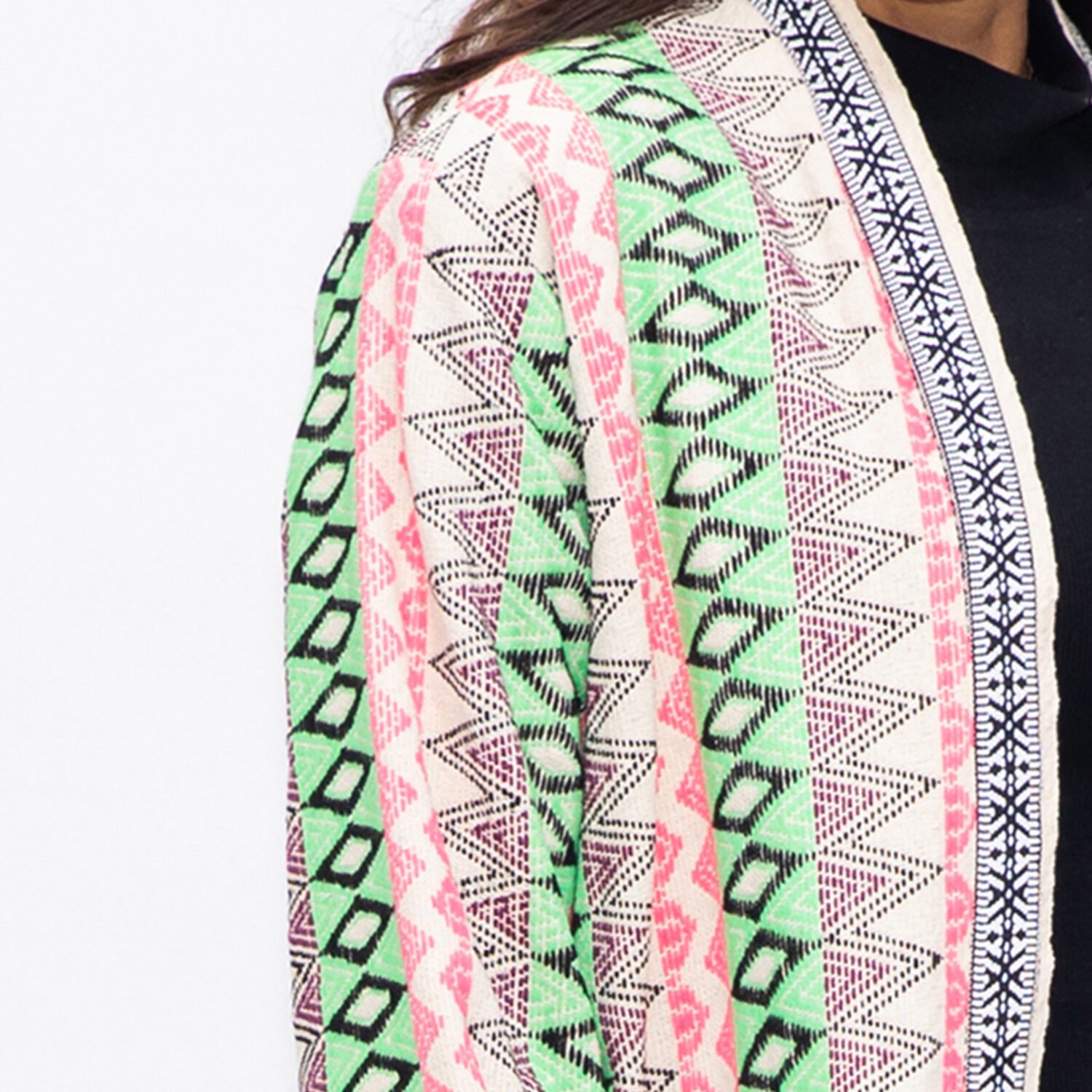 Winter Fringe Coat Geometric Stripes with Pockets - Green/Pink - Image 4