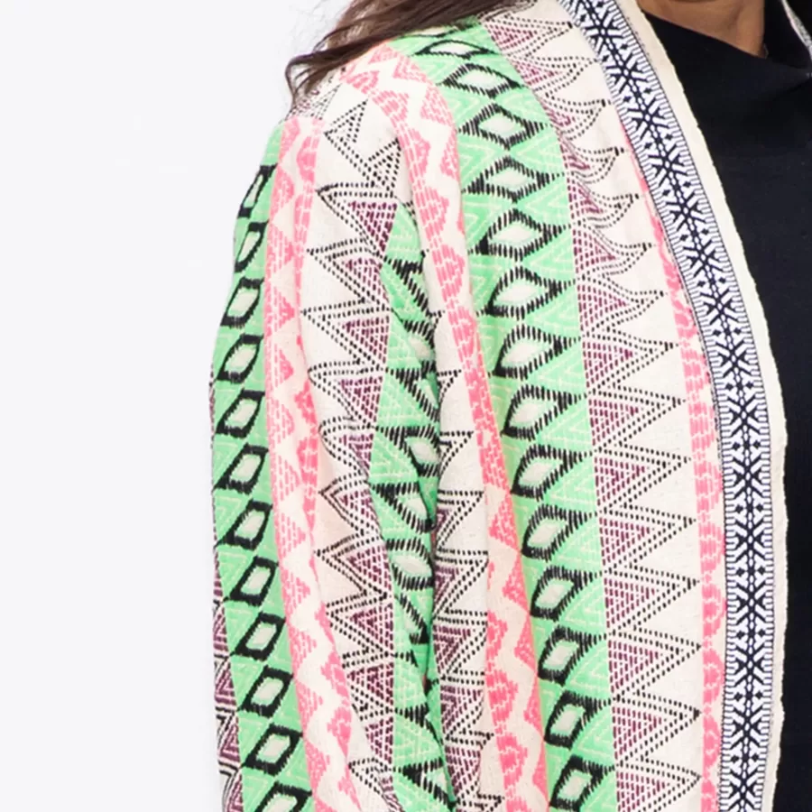 Winter Fringe Coat Geometric Stripes with Pockets - Green/Pink - Image 4