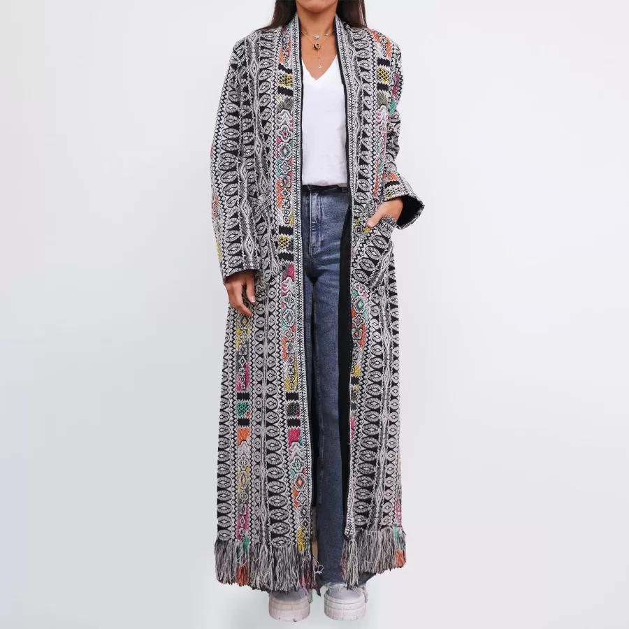 Winter Fringe Coat Geometric Stripes with Pockets - Black Forest