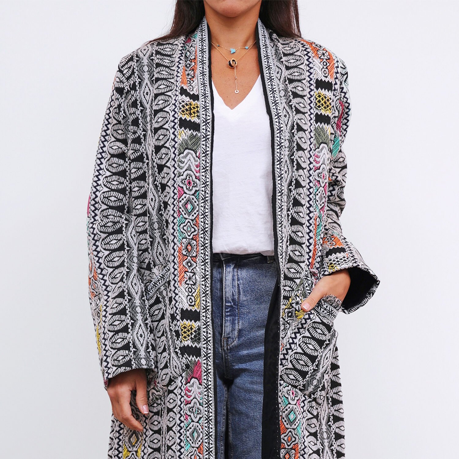 Winter Fringe Coat Geometric Stripes with Pockets - Black Forest - Image 2