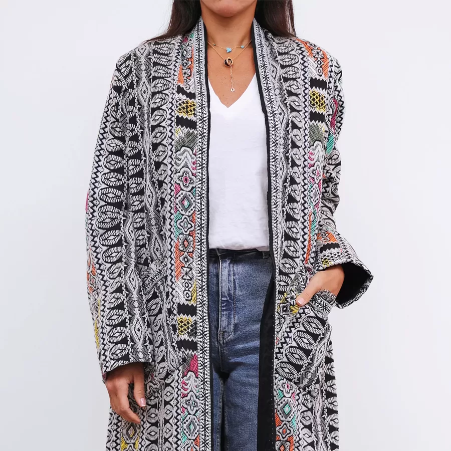 Winter Fringe Coat Geometric Stripes with Pockets - Black Forest - Image 2