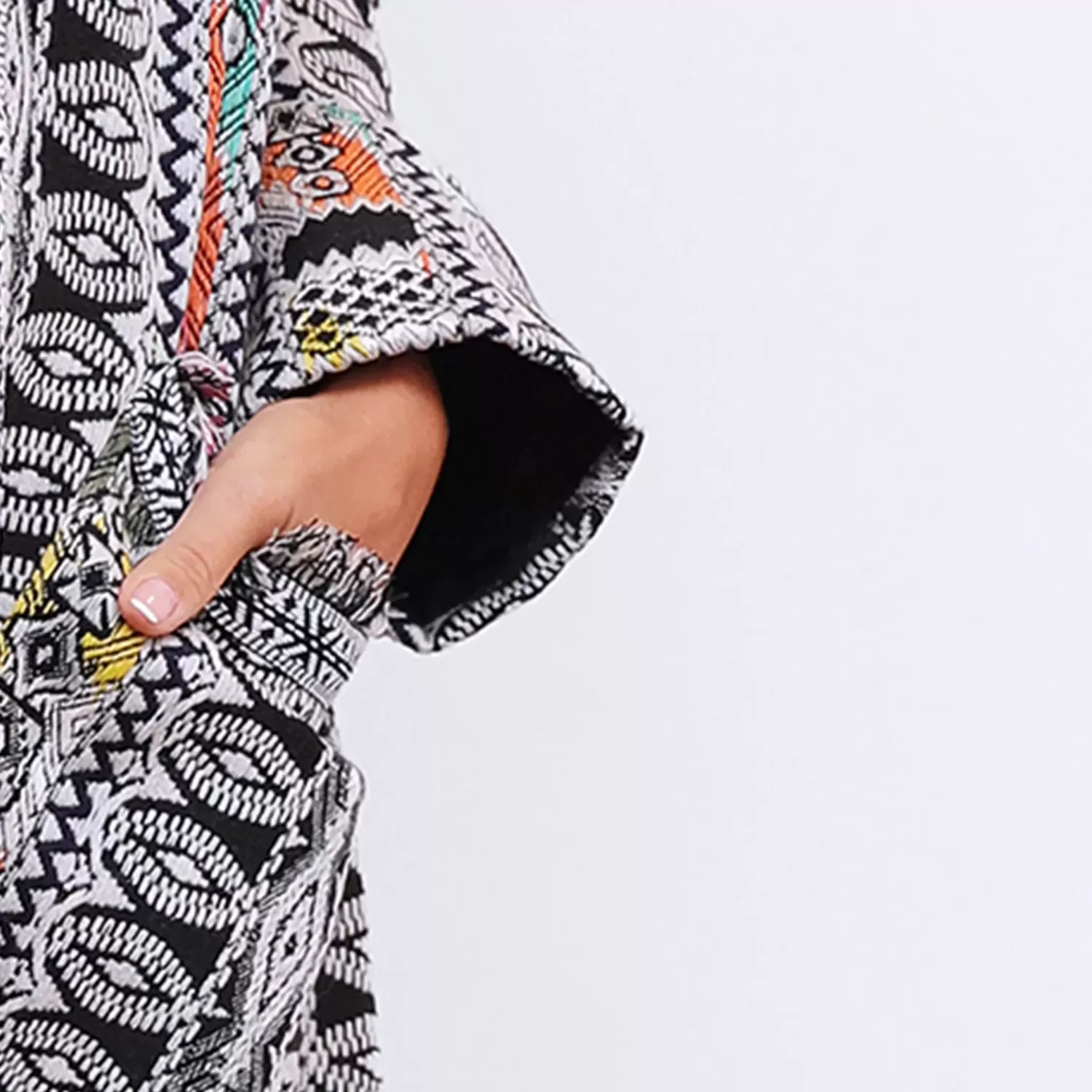 Winter Fringe Coat Geometric Stripes with Pockets - Black Forest - Image 3