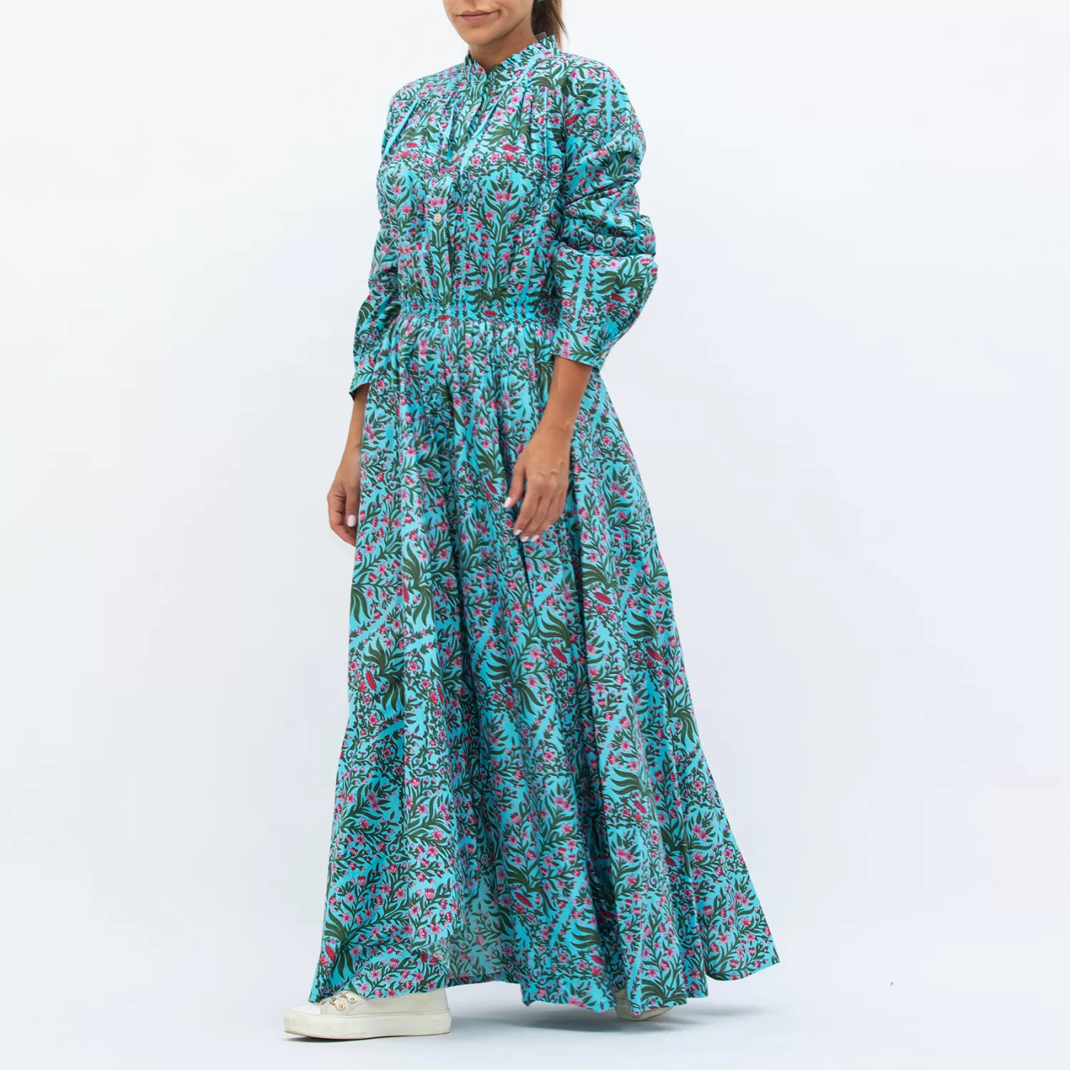 Eva – Vintage Floral Pink Print Dress with Green Branches - Aqua - Image 5