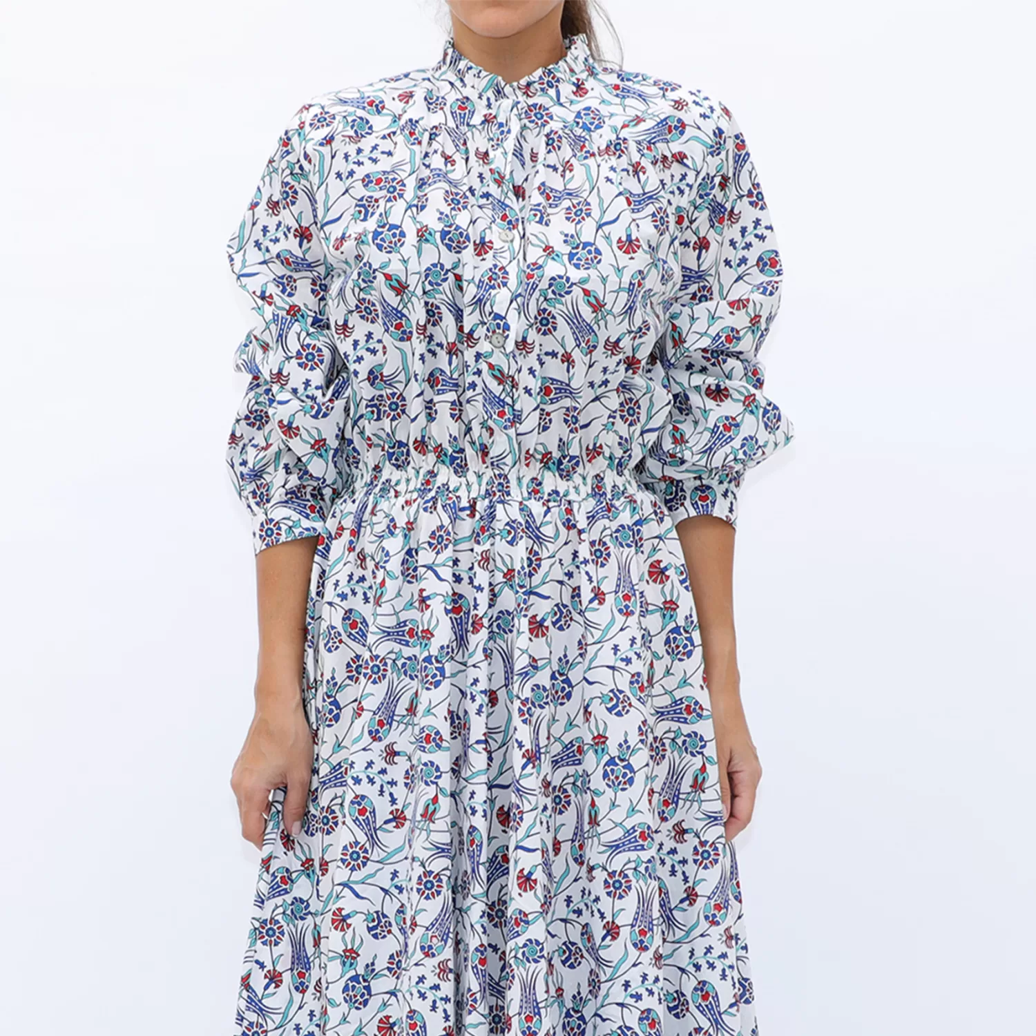 Eva - Vintage Floral Blue Print Dress - White - Image 2