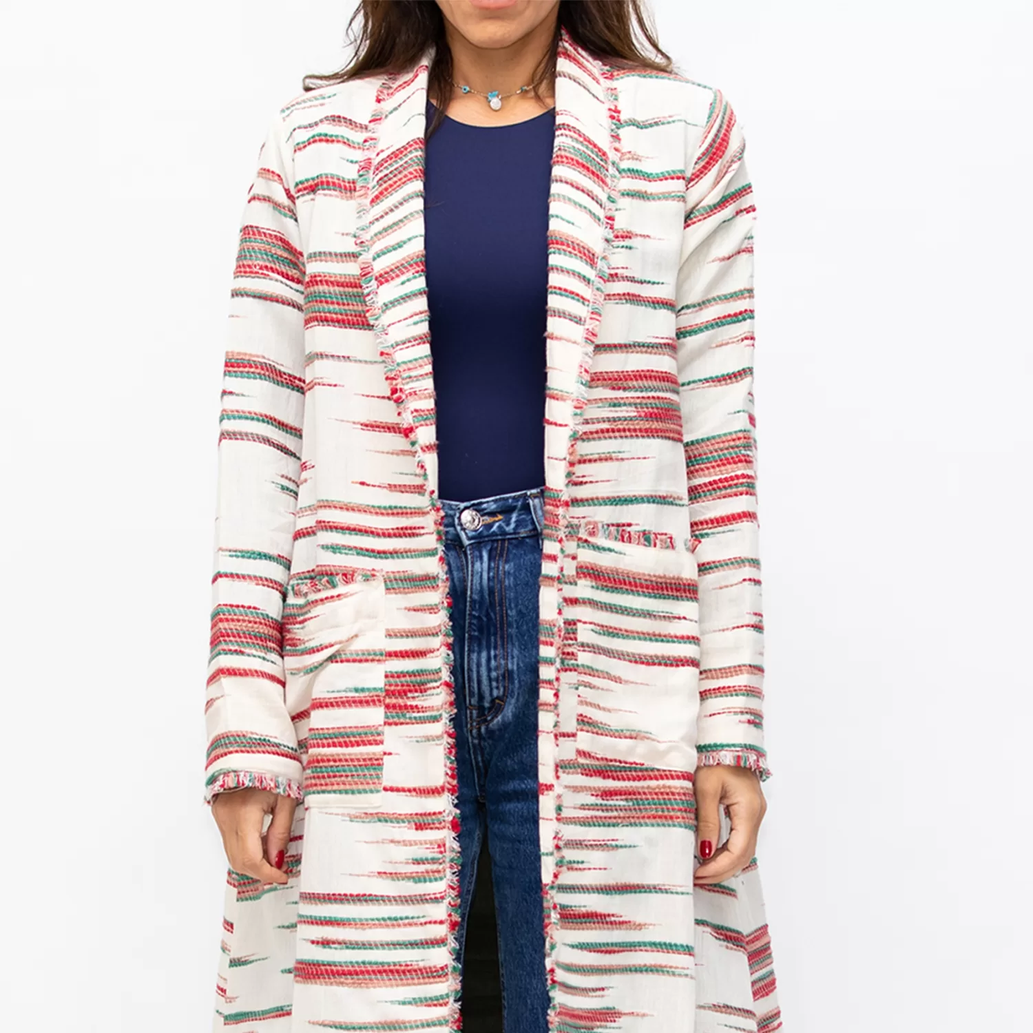 Farwa 2 in 1 Wool-Embroidered Coat with Plain Side - Ivory/Green - Image 2
