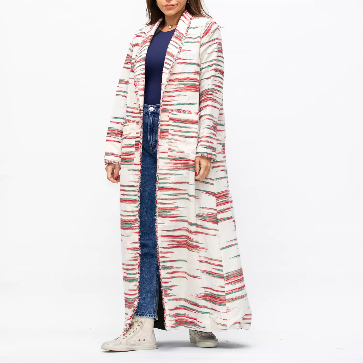 Farwa 2 in 1 Wool-Embroidered Coat with Plain Side - Ivory/Green - Image 5