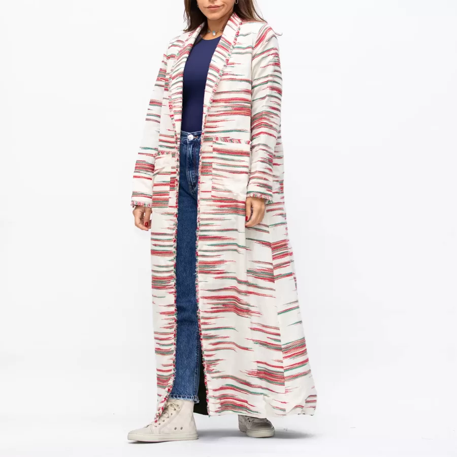 Farwa 2 in 1 Wool-Embroidered Coat with Plain Side - Ivory/Green - Image 5