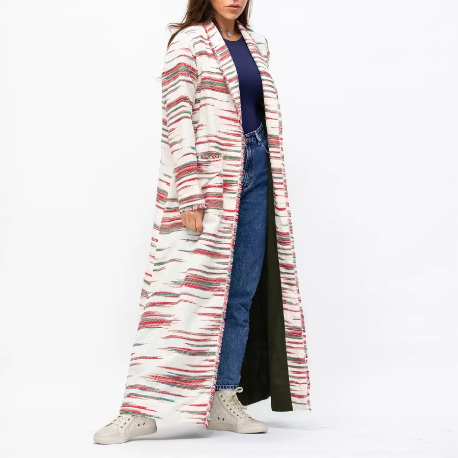 Farwa 2 in 1 Wool-Embroidered Coat with Plain Side - Ivory/Green - Image 4