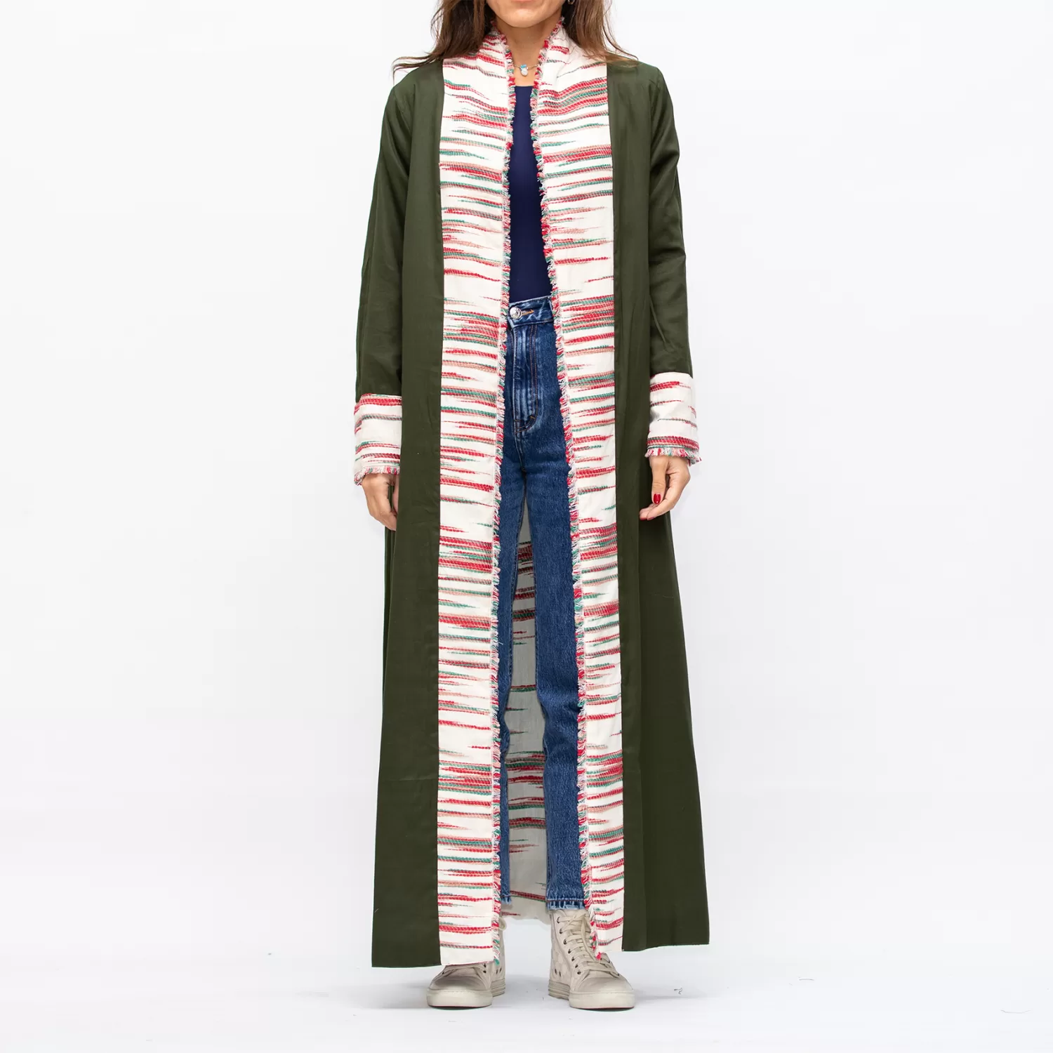 Farwa 2 in 1 Wool-Embroidered Coat with Plain Side - Ivory/Green - Image 3
