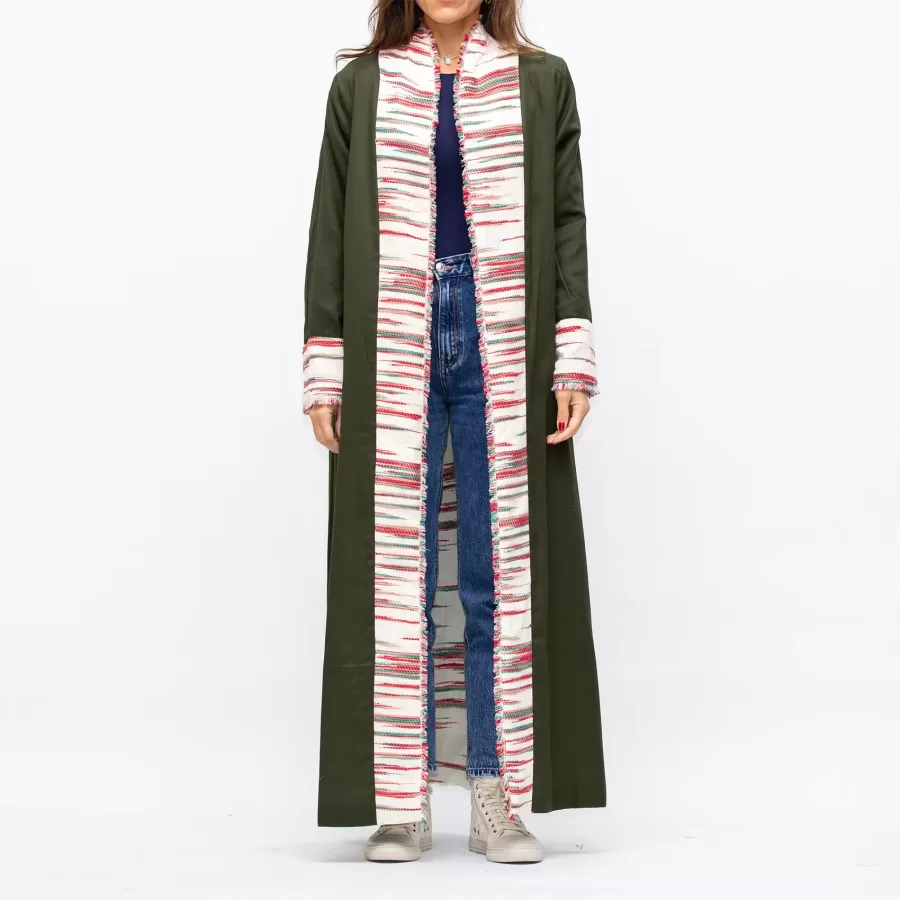 Farwa 2 in 1 Wool-Embroidered Coat with Plain Side - Ivory/Green - Image 3