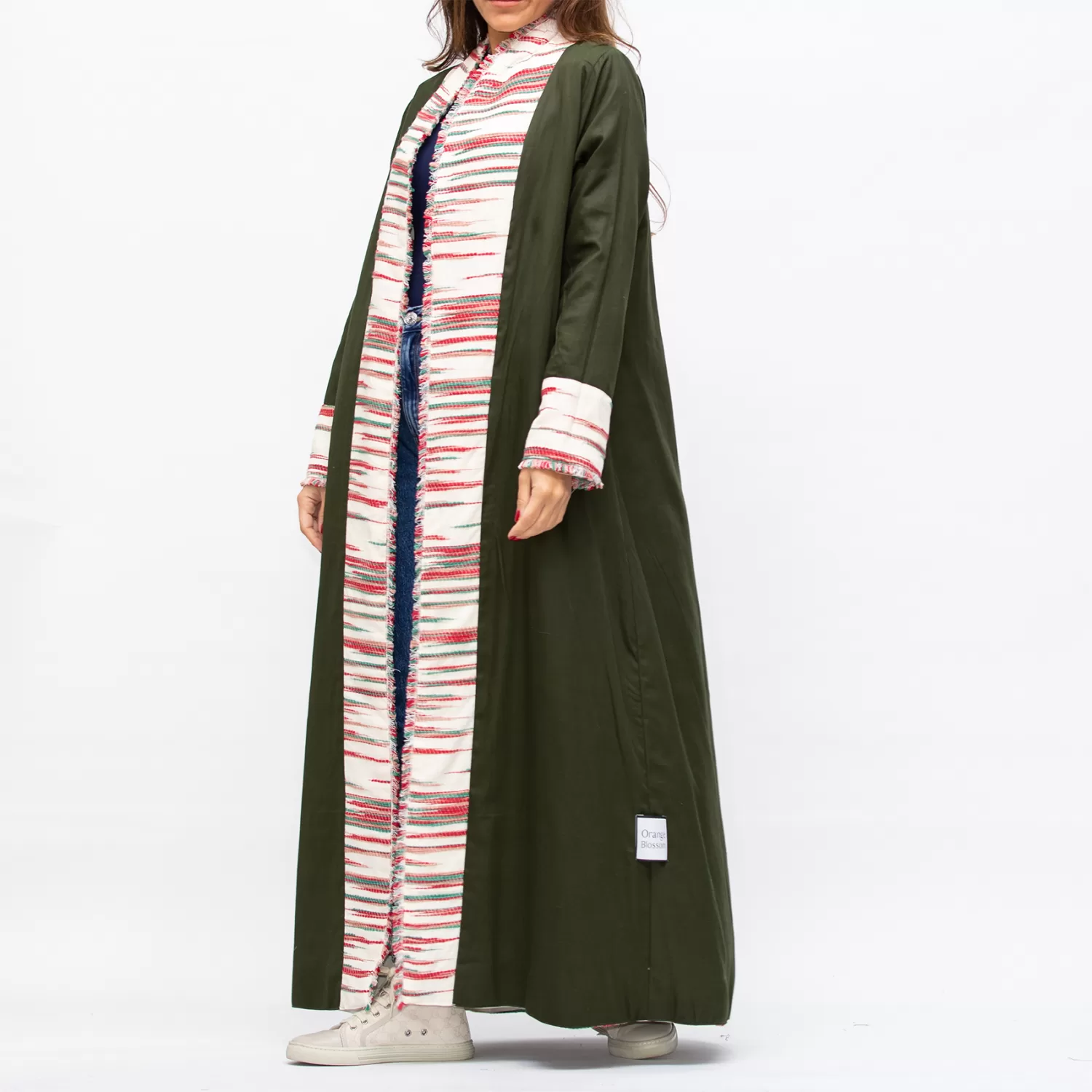 Farwa 2 in 1 Wool-Embroidered Coat with Plain Side - Ivory/Green - Image 7