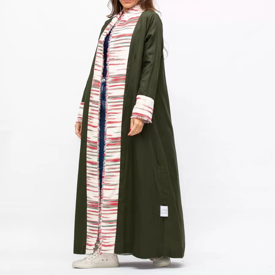 Farwa 2 in 1 Wool-Embroidered Coat with Plain Side - Ivory/Green - Image 7
