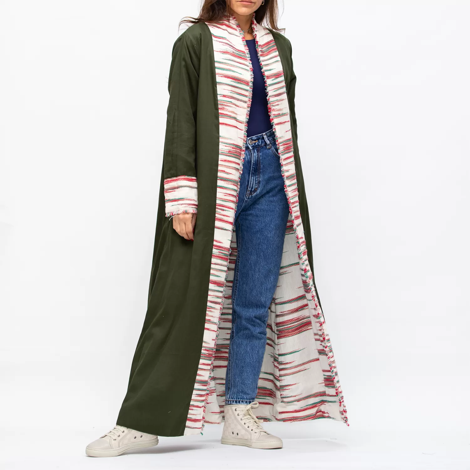 Farwa 2 in 1 Wool-Embroidered Coat with Plain Side - Ivory/Green - Image 6