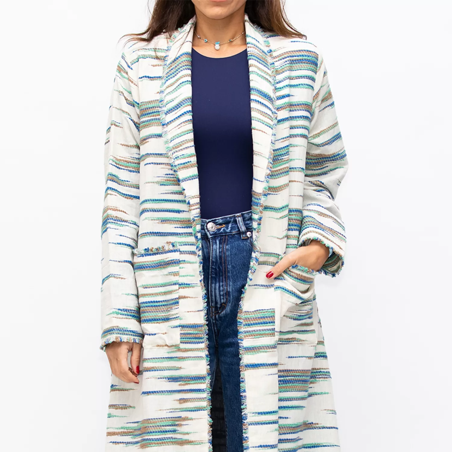 Farwa 2 in 1 Wool-Embroidered Coat with Plain Side - Ivory/Navy - Image 2