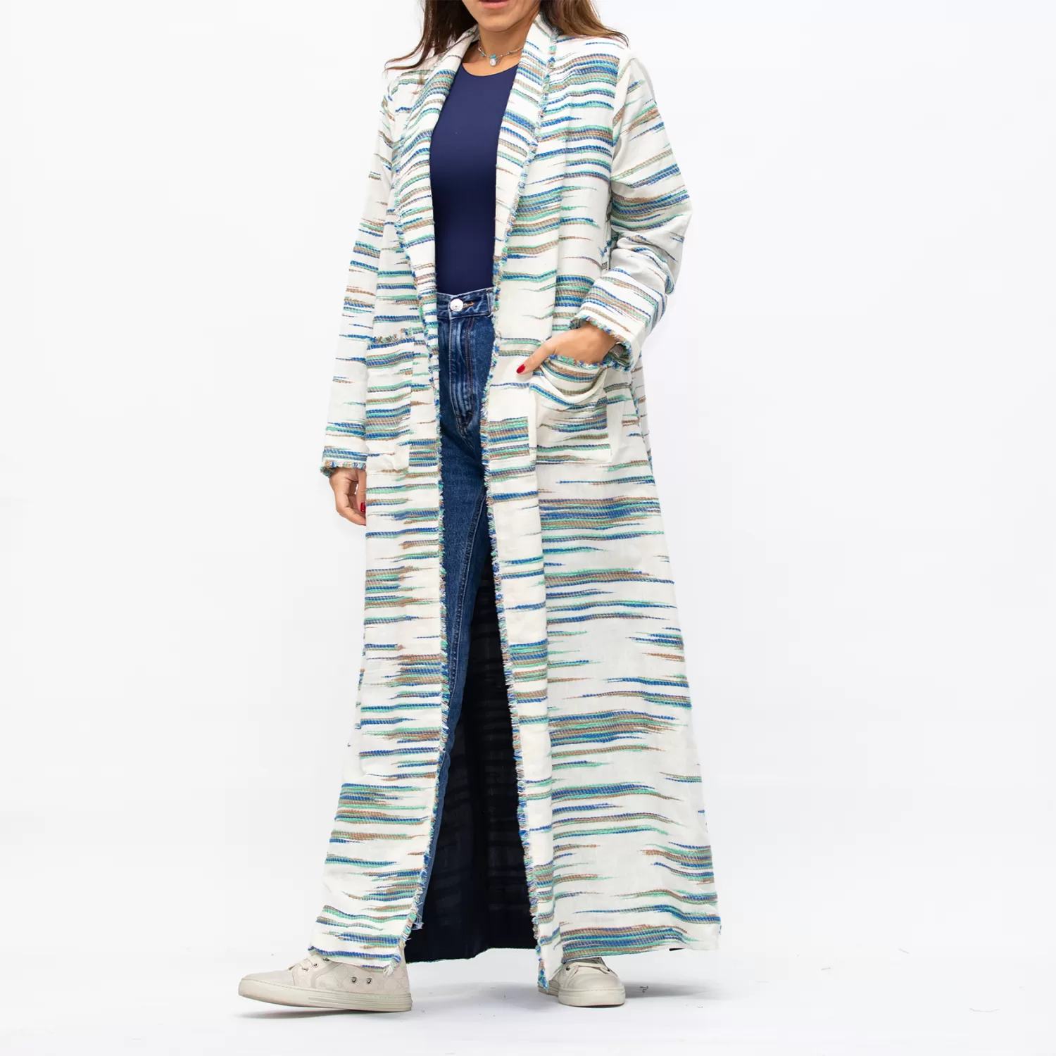 Farwa 2 in 1 Wool-Embroidered Coat with Plain Side - Ivory/Navy - Image 5