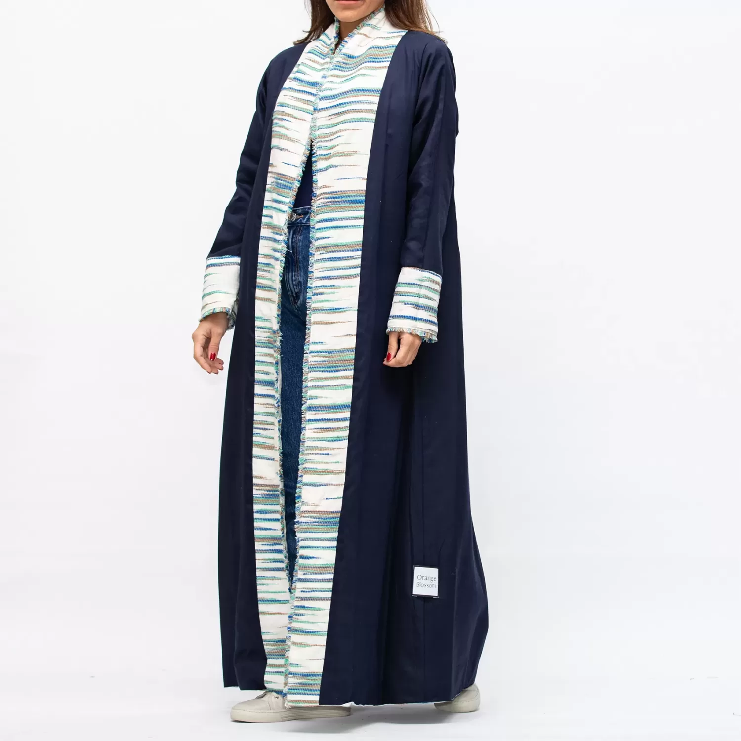 Farwa 2 in 1 Wool-Embroidered Coat with Plain Side - Ivory/Navy - Image 7