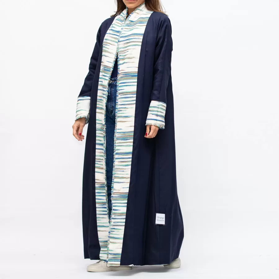 Farwa 2 in 1 Wool-Embroidered Coat with Plain Side - Ivory/Navy - Image 7