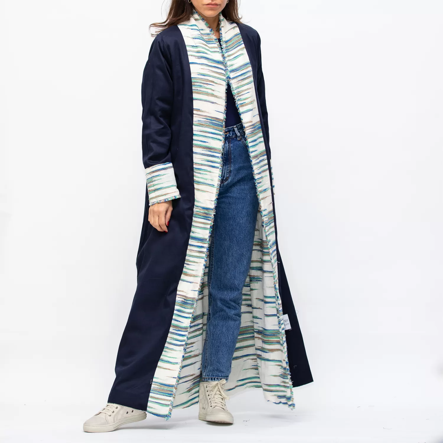 Farwa 2 in 1 Wool-Embroidered Coat with Plain Side - Ivory/Navy - Image 6