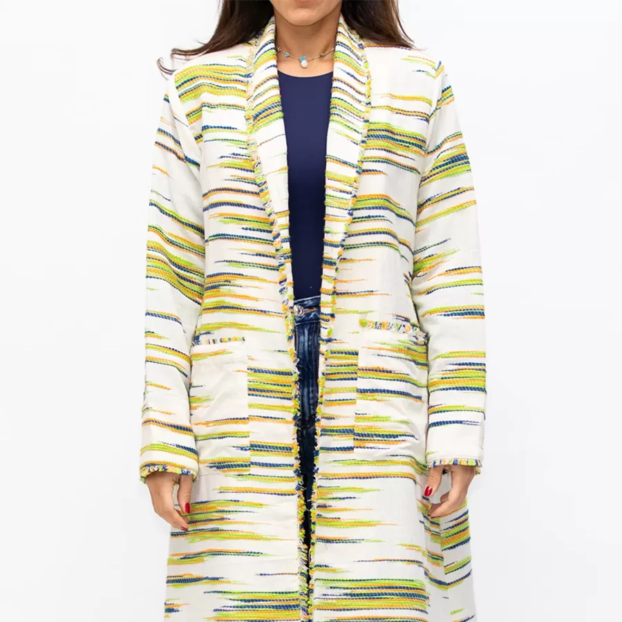 Farwa 2 in 1 Wool-Embroidered Coat with Plain Side - Ivory/Black - Image 2