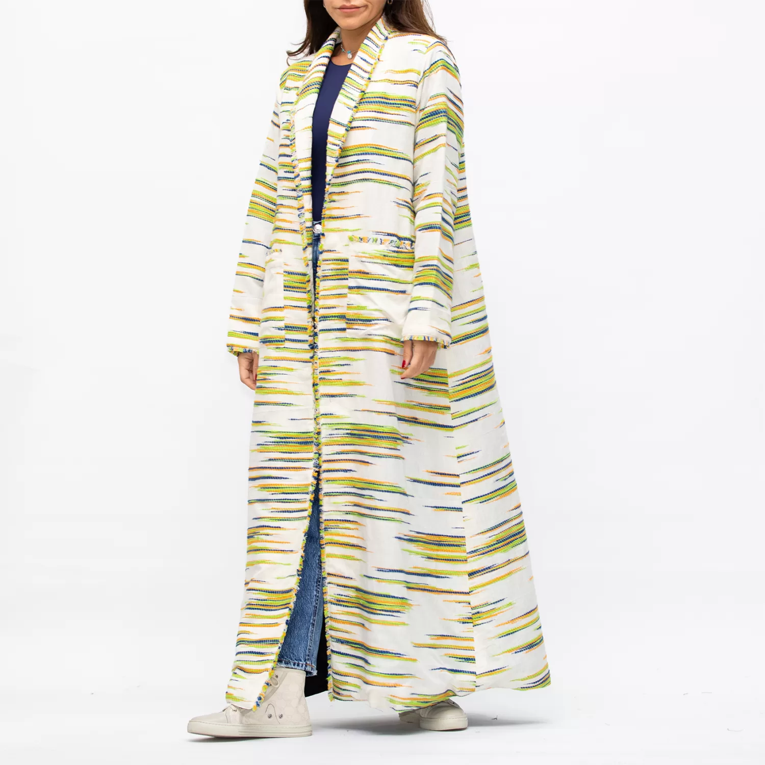 Farwa 2 in 1 Wool-Embroidered Coat with Plain Side - Ivory/Black - Image 5