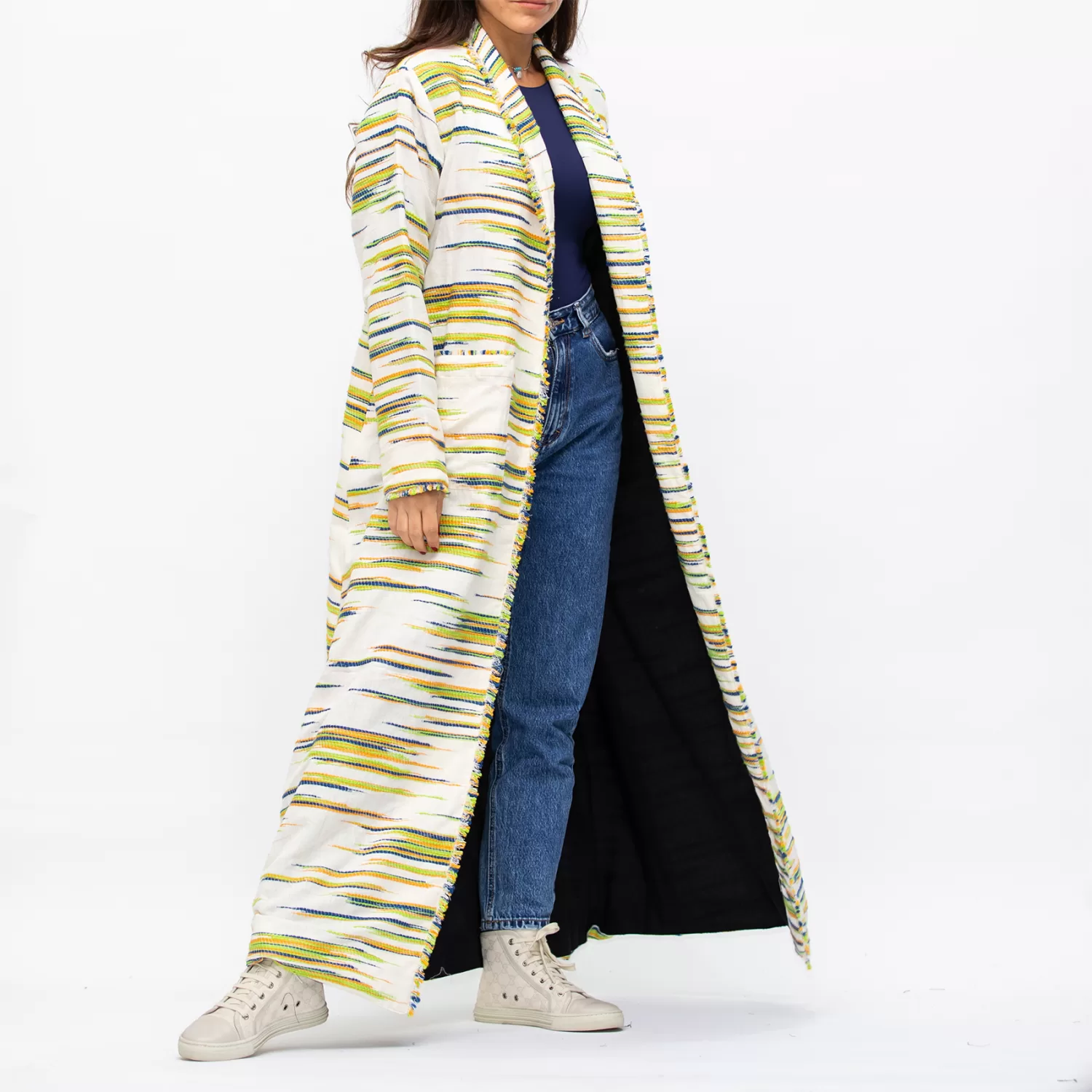 Farwa 2 in 1 Wool-Embroidered Coat with Plain Side - Ivory/Black - Image 4