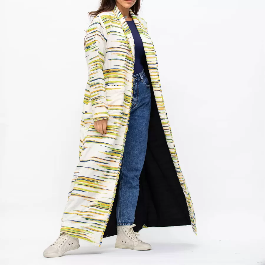 Farwa 2 in 1 Wool-Embroidered Coat with Plain Side - Ivory/Black - Image 4