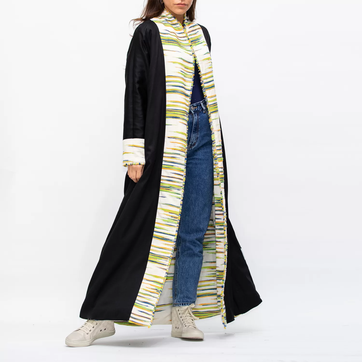 Farwa 2 in 1 Wool-Embroidered Coat with Plain Side - Ivory/Black - Image 6