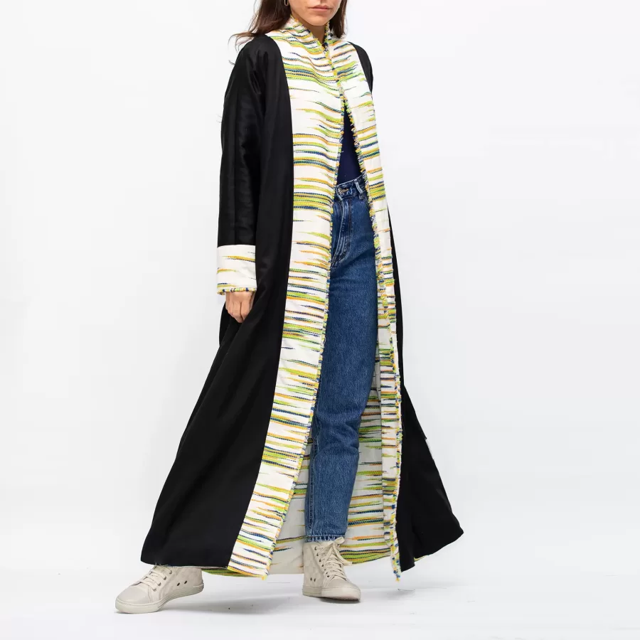 Farwa 2 in 1 Wool-Embroidered Coat with Plain Side - Ivory/Black - Image 6