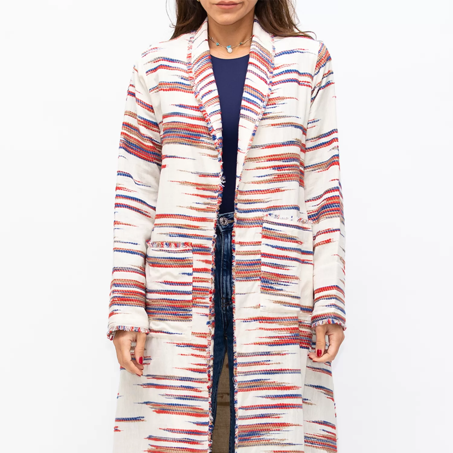 Farwa 2 in 1 Wool-Embroidered Coat with Plain Side - Ivory/Brown - Image 2