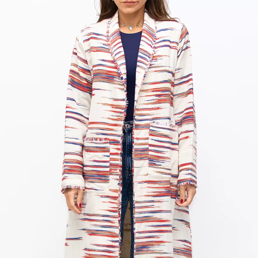 Farwa 2 in 1 Wool-Embroidered Coat with Plain Side - Ivory/Brown - Image 2