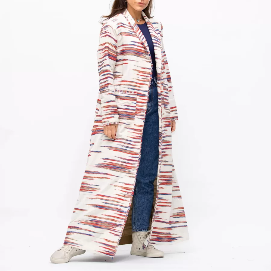 Farwa 2 in 1 Wool-Embroidered Coat with Plain Side - Ivory/Brown - Image 4