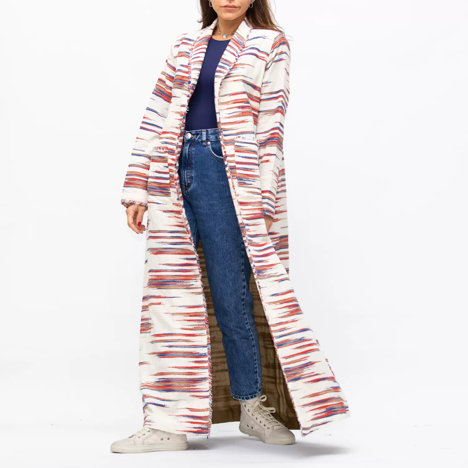 Farwa 2 in 1 Wool-Embroidered Coat with Plain Side - Ivory/Brown - Image 5