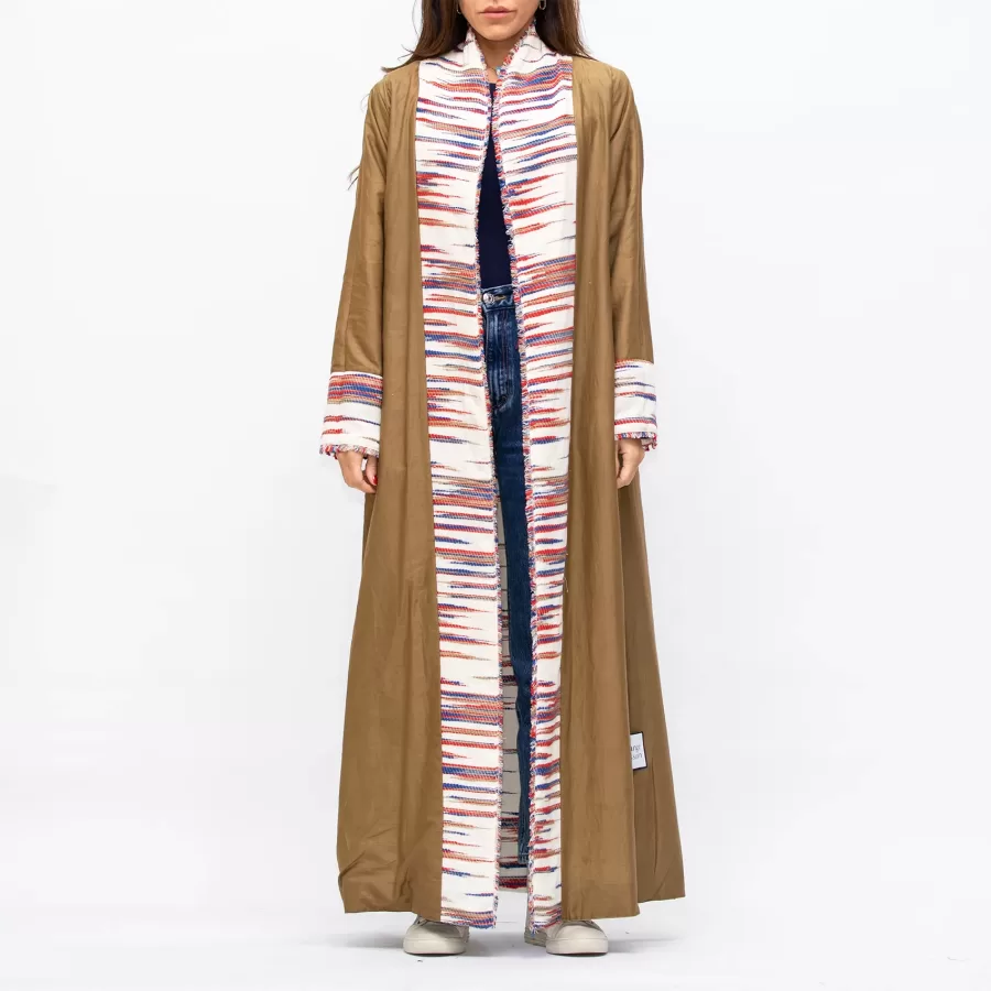 Farwa 2 in 1 Wool-Embroidered Coat with Plain Side - Ivory/Brown - Image 3