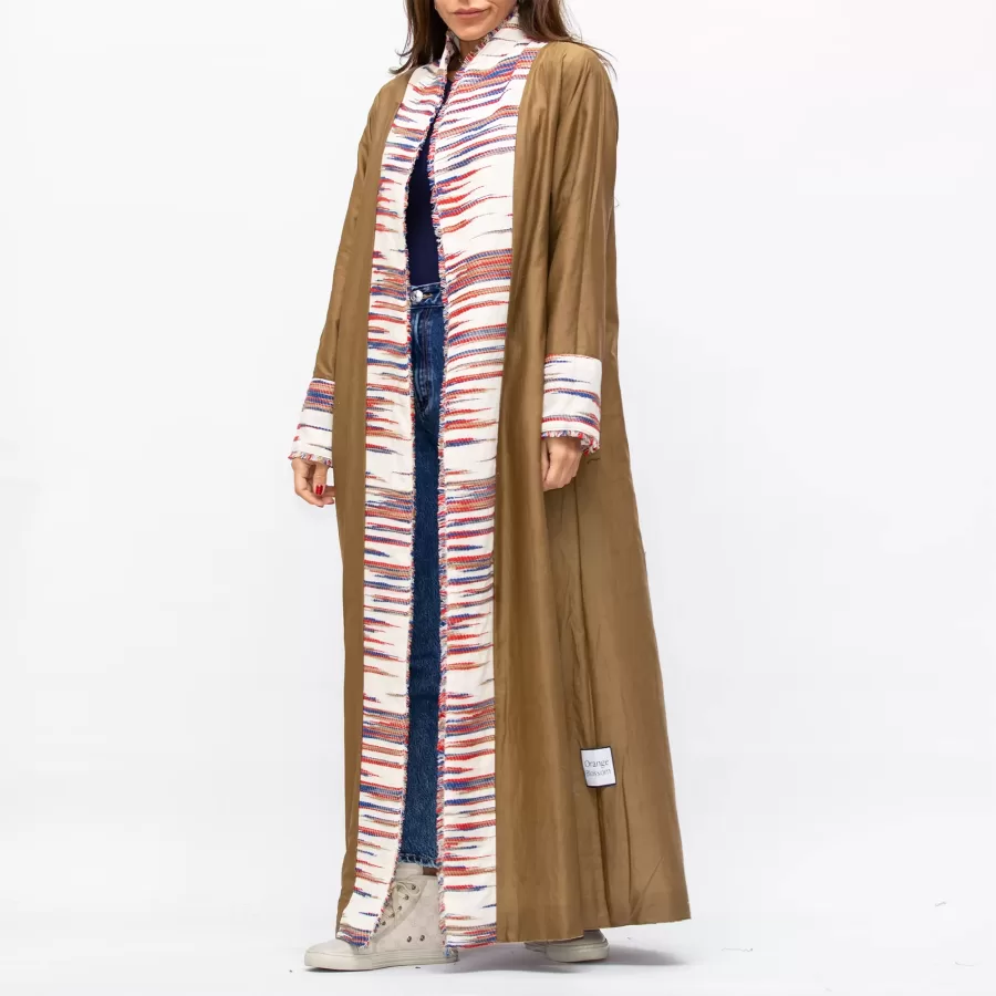 Farwa 2 in 1 Wool-Embroidered Coat with Plain Side - Ivory/Brown - Image 7