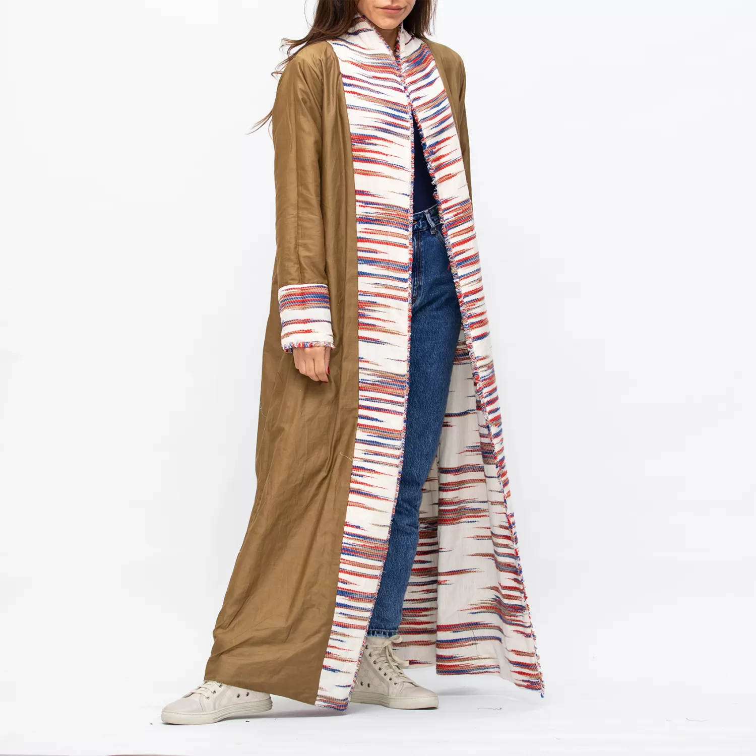 Farwa 2 in 1 Wool-Embroidered Coat with Plain Side - Ivory/Brown - Image 6