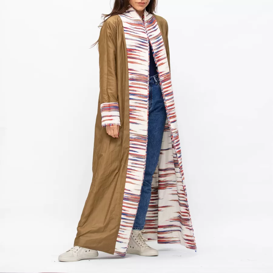 Farwa 2 in 1 Wool-Embroidered Coat with Plain Side - Ivory/Brown - Image 6