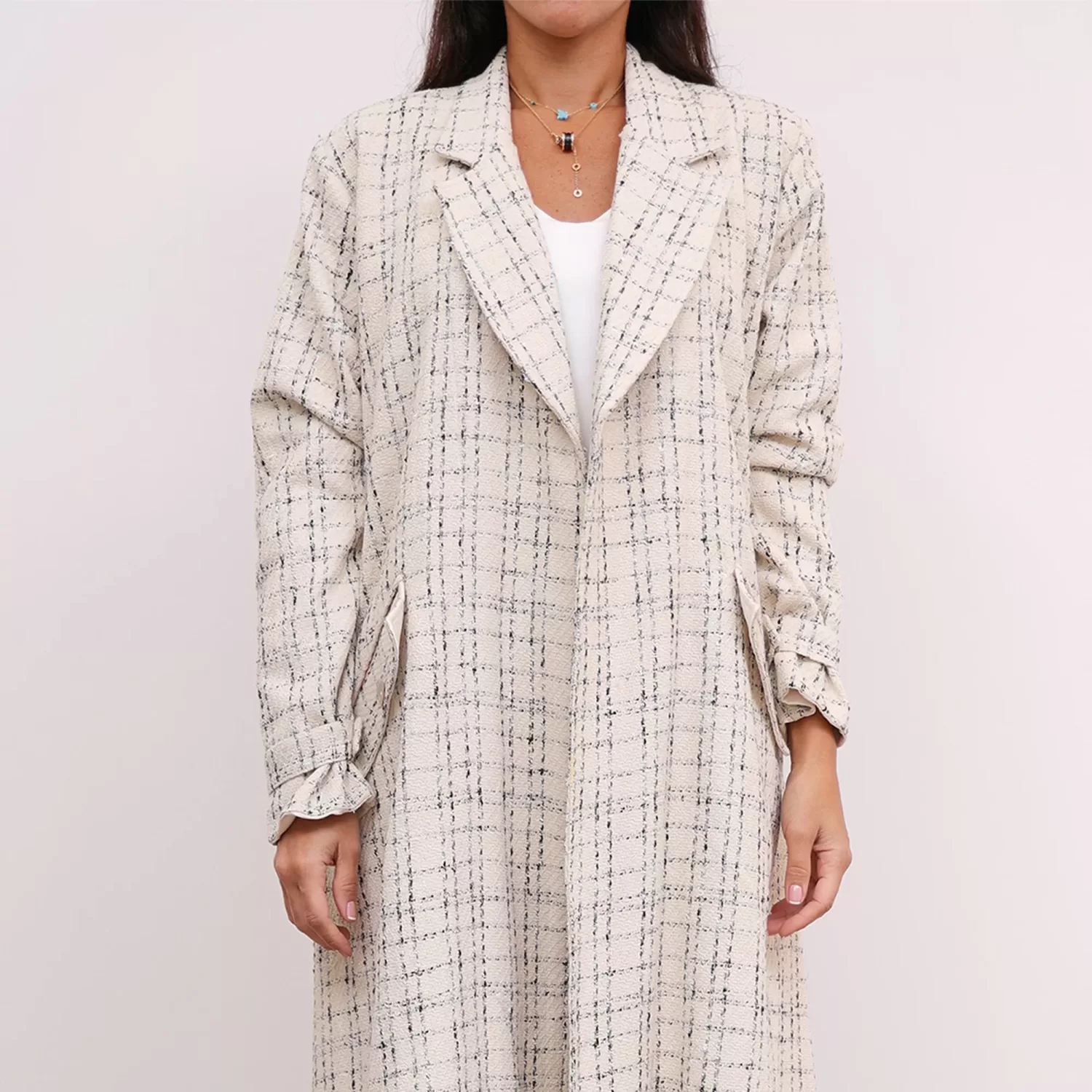 Ivory Tweed Farwa Woven Long Checkered Coat
