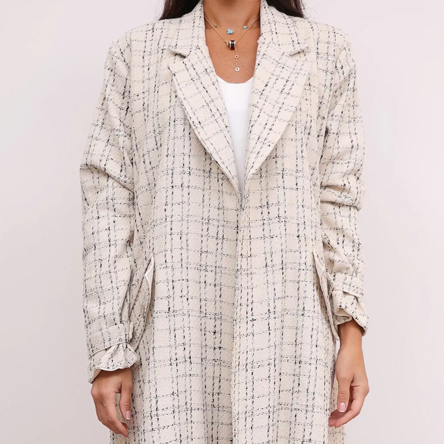 Ivory Tweed Farwa Woven Long Checkered Coat