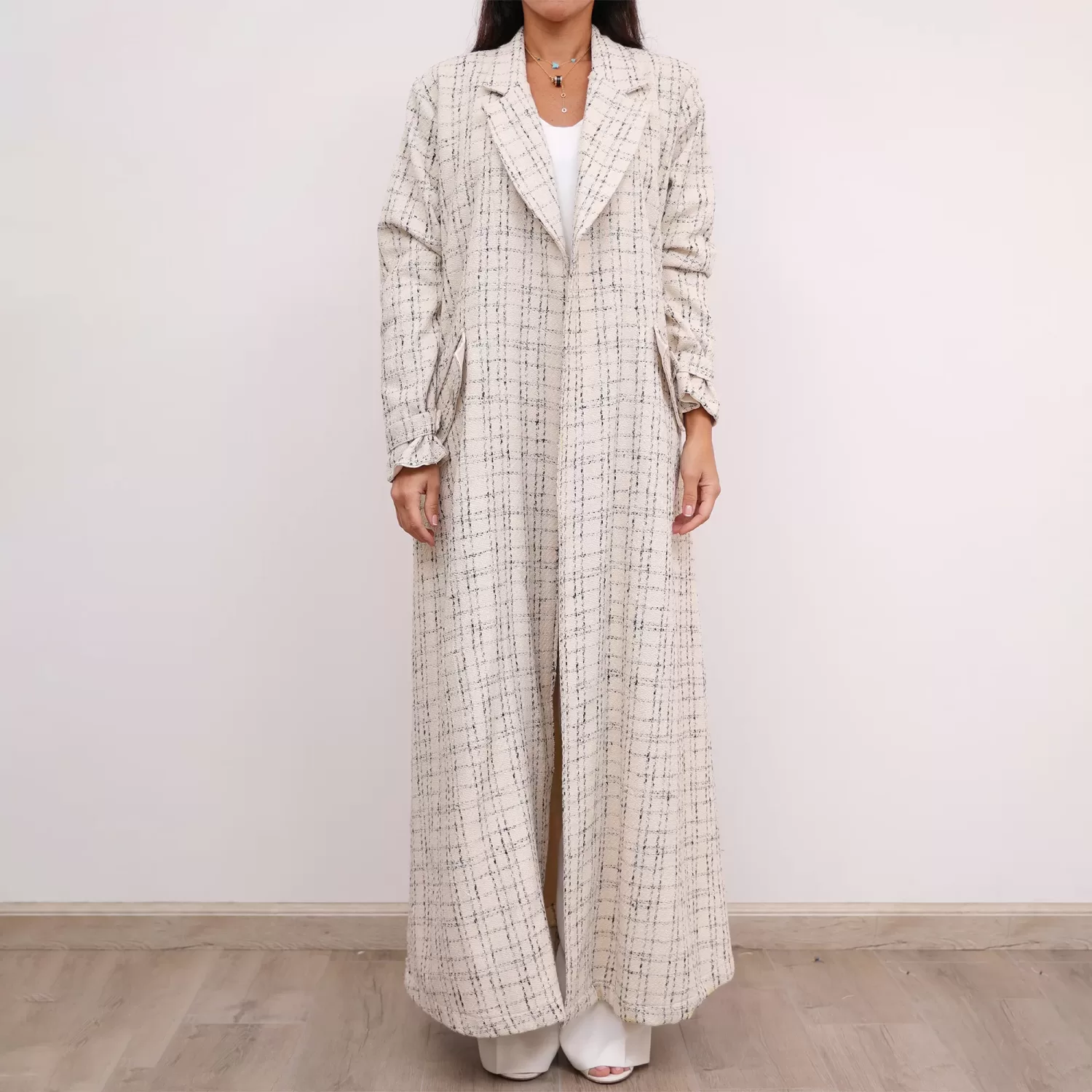 Ivory Tweed Farwa Woven Long Checkered Coat