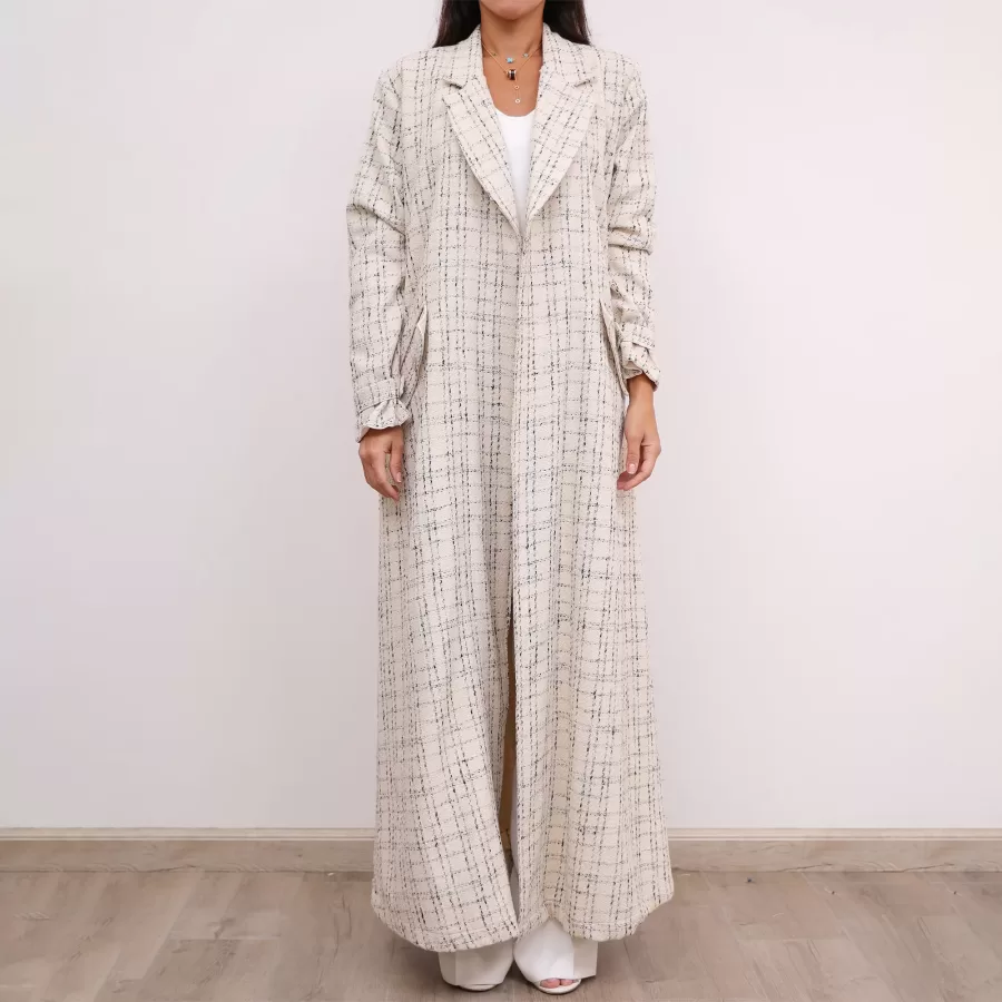 Ivory Tweed Farwa Woven Long Checkered Coat