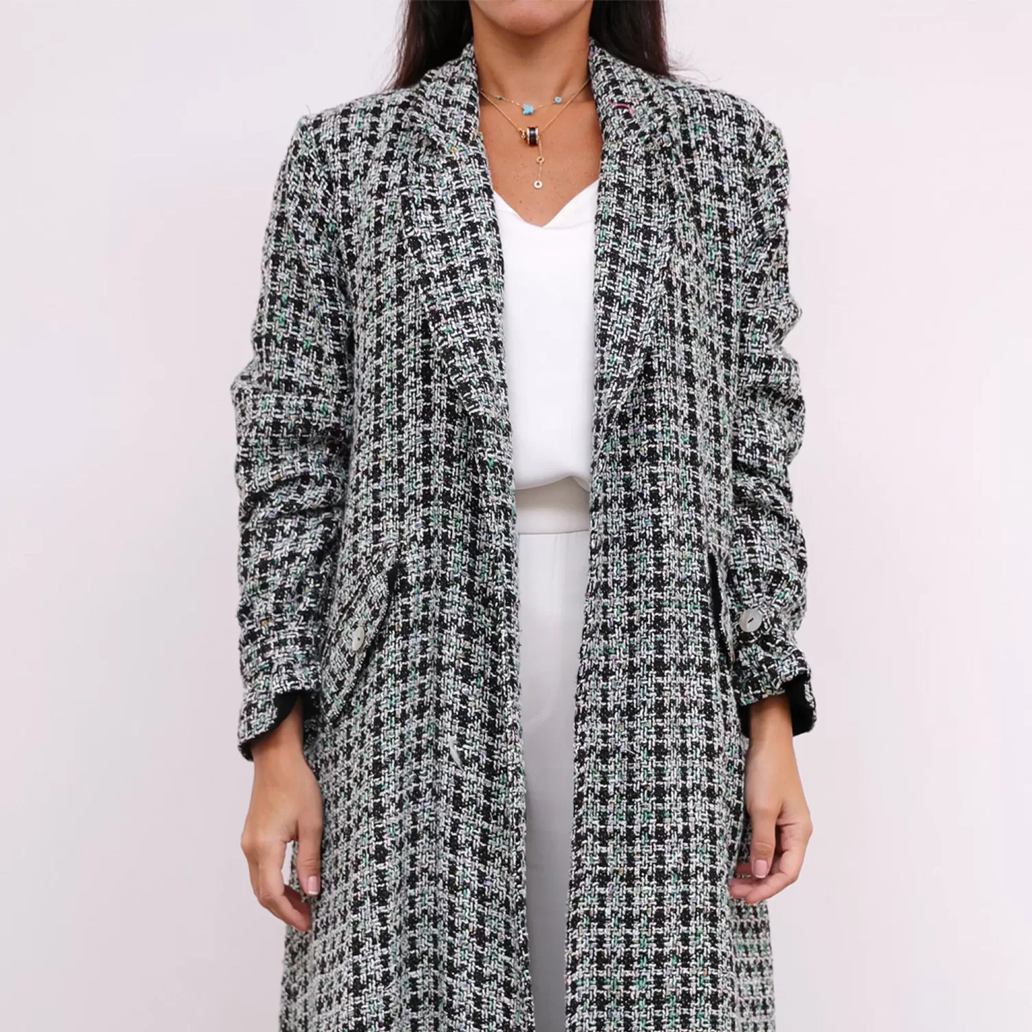 Green Tweed Farwa Woven Long Checkered Coat