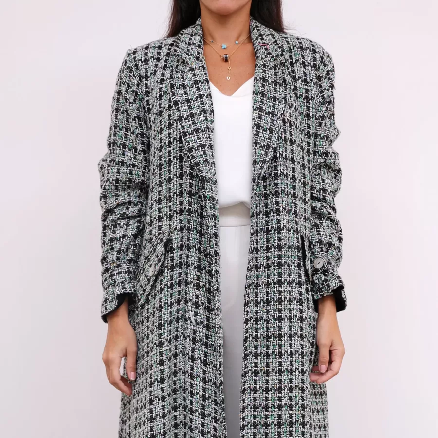 Green Tweed Farwa Woven Long Checkered Coat