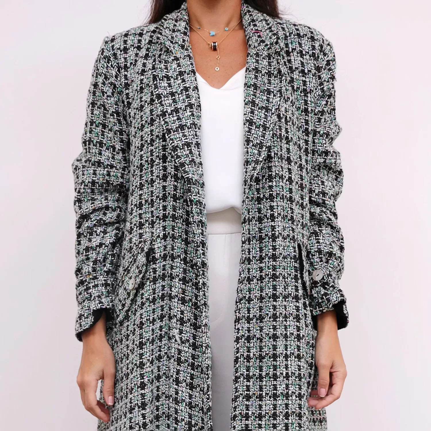 Green Tweed Farwa Woven Long Checkered Coat