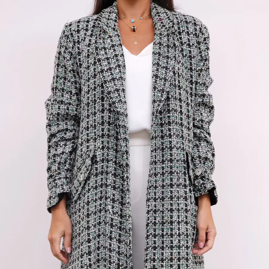Green Tweed Farwa Woven Long Checkered Coat