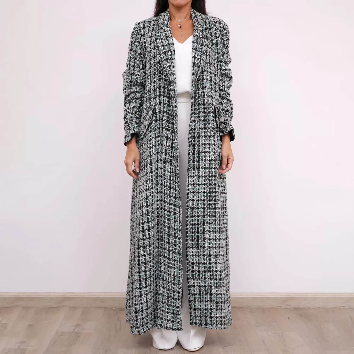Green Tweed Farwa Woven Long Checkered Coat